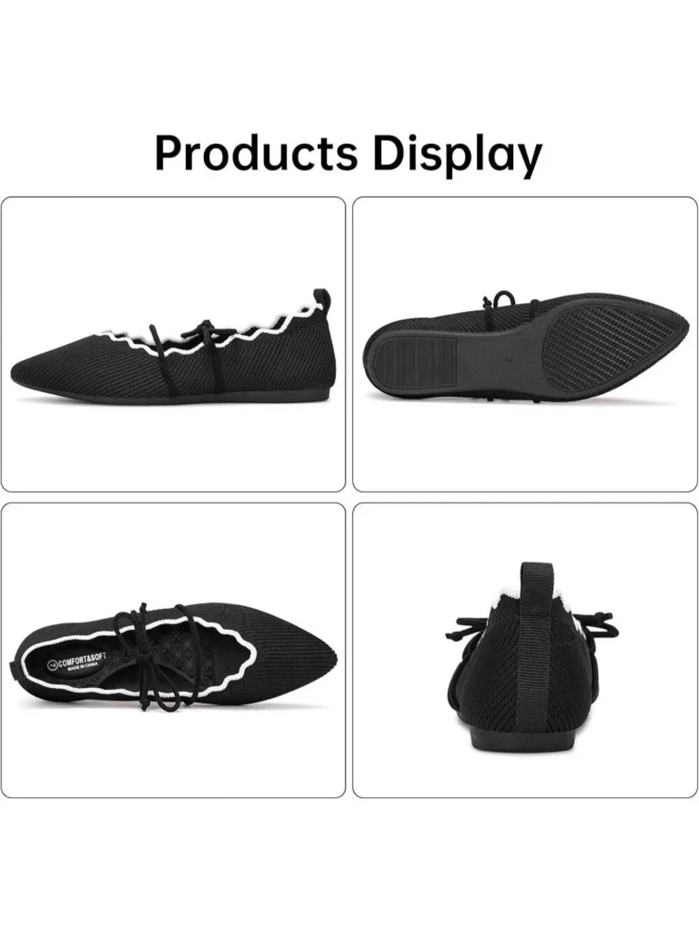 Women's Black Rubber Knitted Slip On Pointed Toe with Ruffled Vamp Elastic Flats